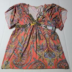 💚 Energe World Wear Women's  Multicolor Embellished Top‎ Blouse Paisley Size XL